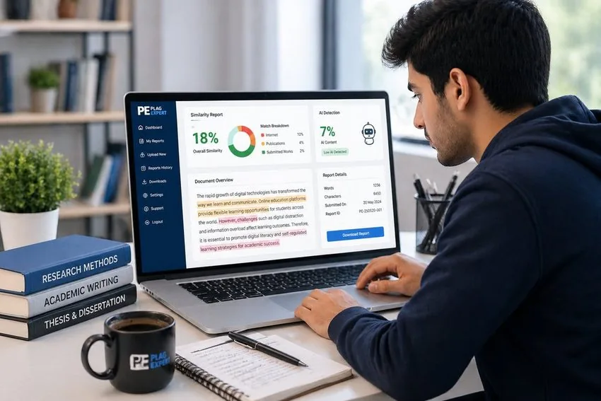 Student checking plagiarism and AI detection report on PlagExpert portal